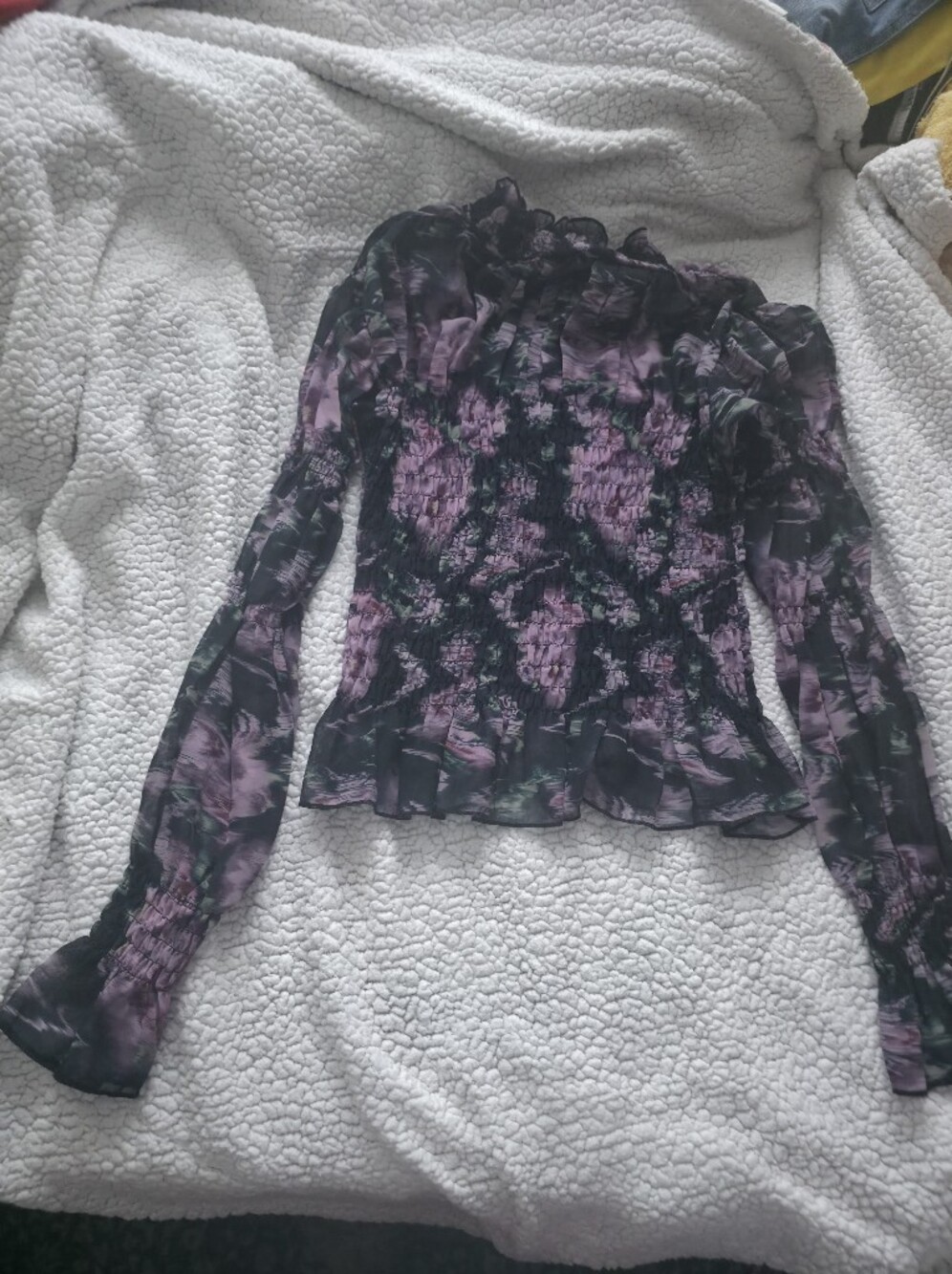 Steve Madden Purple Floral Smocked Long-Sleeve Top